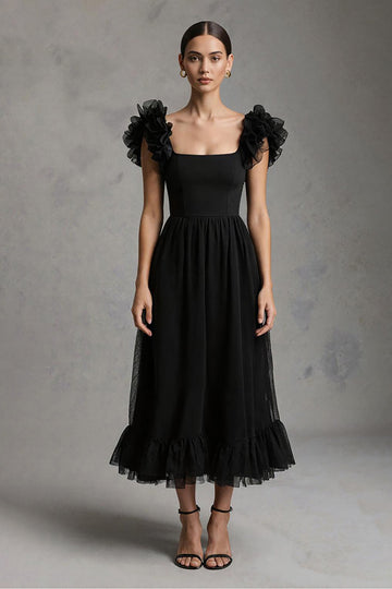 Black A Line Square Neck Maxi Formal Dress with Ruffles